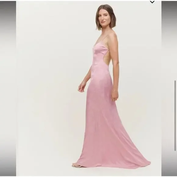Reformation Satin Allium Maxi Dress Scoop Neck Open Back In Pink Size 10 NWT